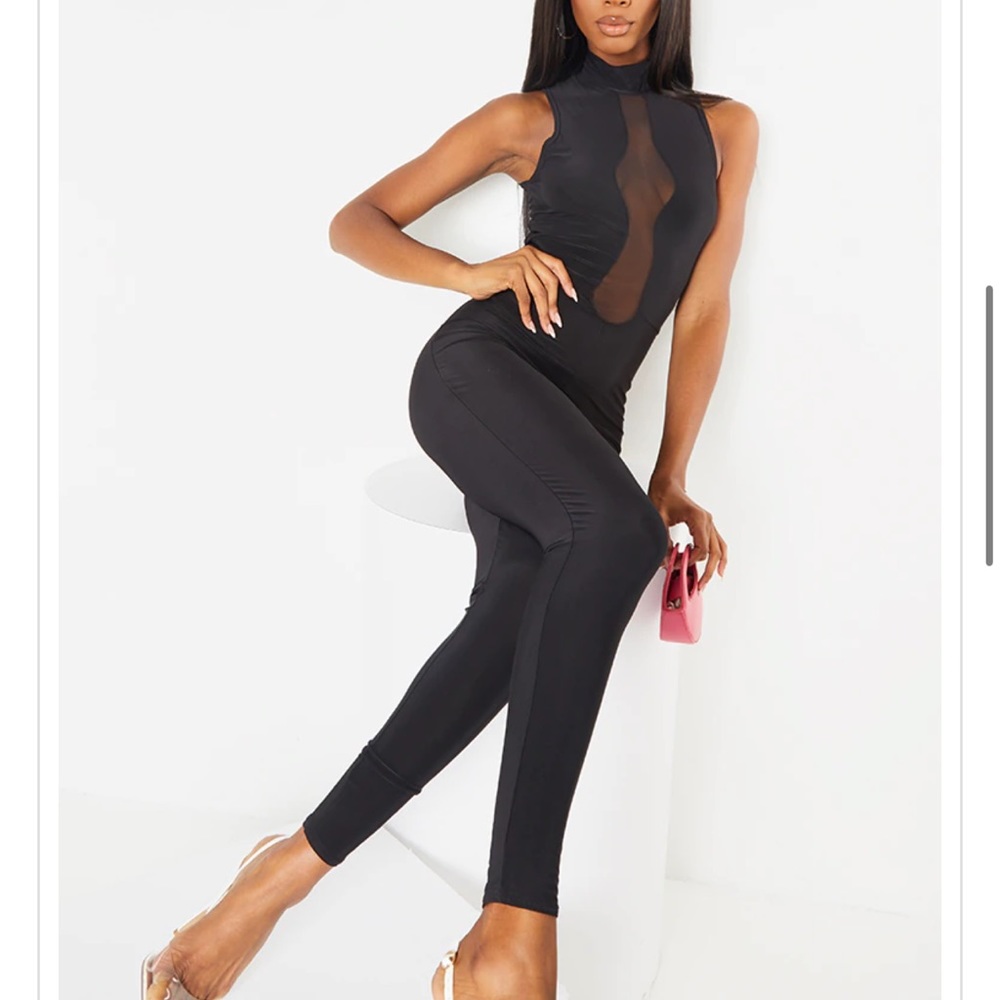 Black jumpsuit mesh v neck